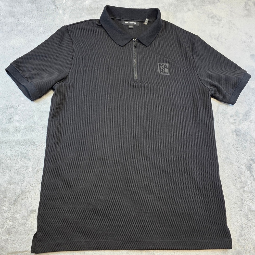 Karl Lagerfeld Mens Medium Black Polo Shirt Quarter Zip Textured
